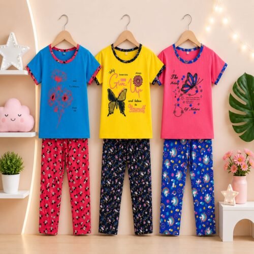 Girls and Boys Printed Cotton Night Suit Set – Comfortable Sleepwear Combo 3 set