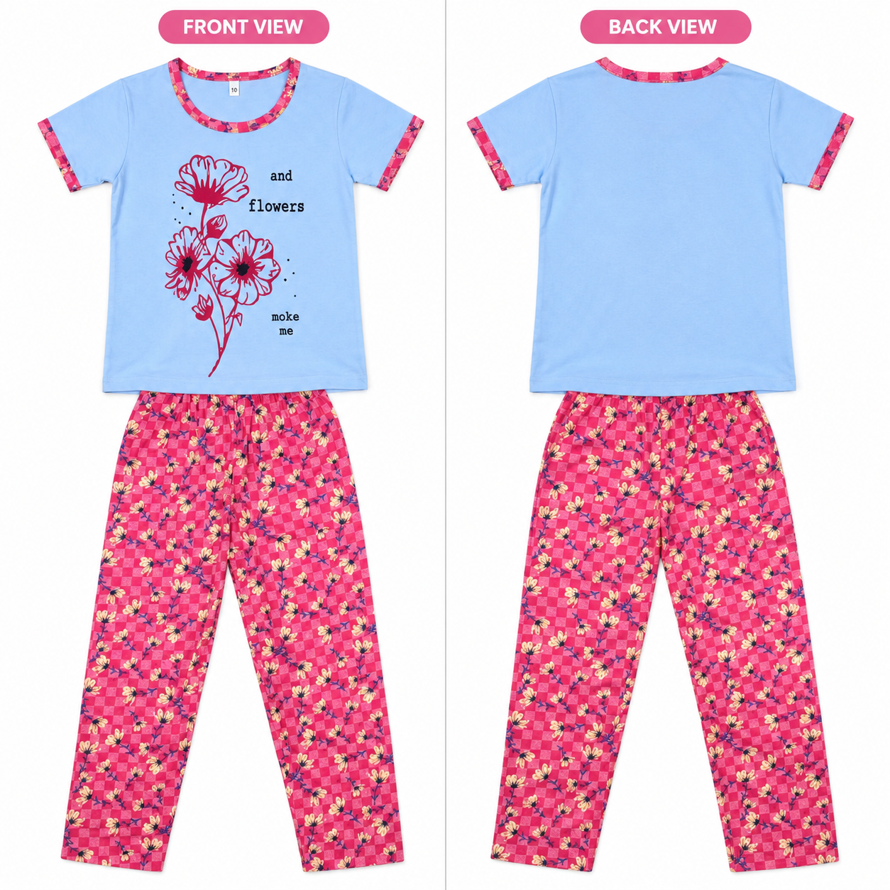 Floral Printed Night Suit – Sky Blue Top & Pink Pajama - Image 4