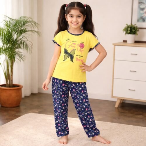 Butterfly Print Night Suit Set – Yellow Top & Floral Pajama